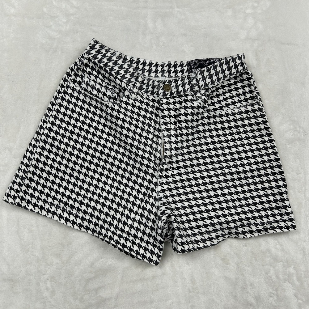 Not guilty Denim Shorts Women 11/12 Black White Houndstooth High Waisted Raw Hem